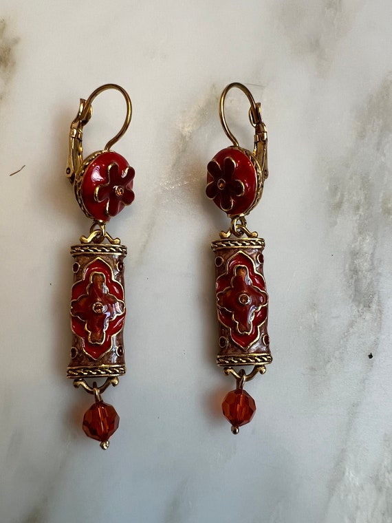 Vintage Joan Rivers red enamel Asian style dangle… - image 1