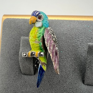 May include: A vibrant parrot brooch with a silver metal base. The parrot has a blue head with a red eye, a yellow beak, and a green, yellow, and purple body. The brooch is perched on a silver branch.
