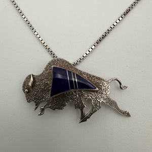 Vintage Charlie Bowie Navajo sterling silver lapis buffalo bison brooch pendant on Sterling box chain