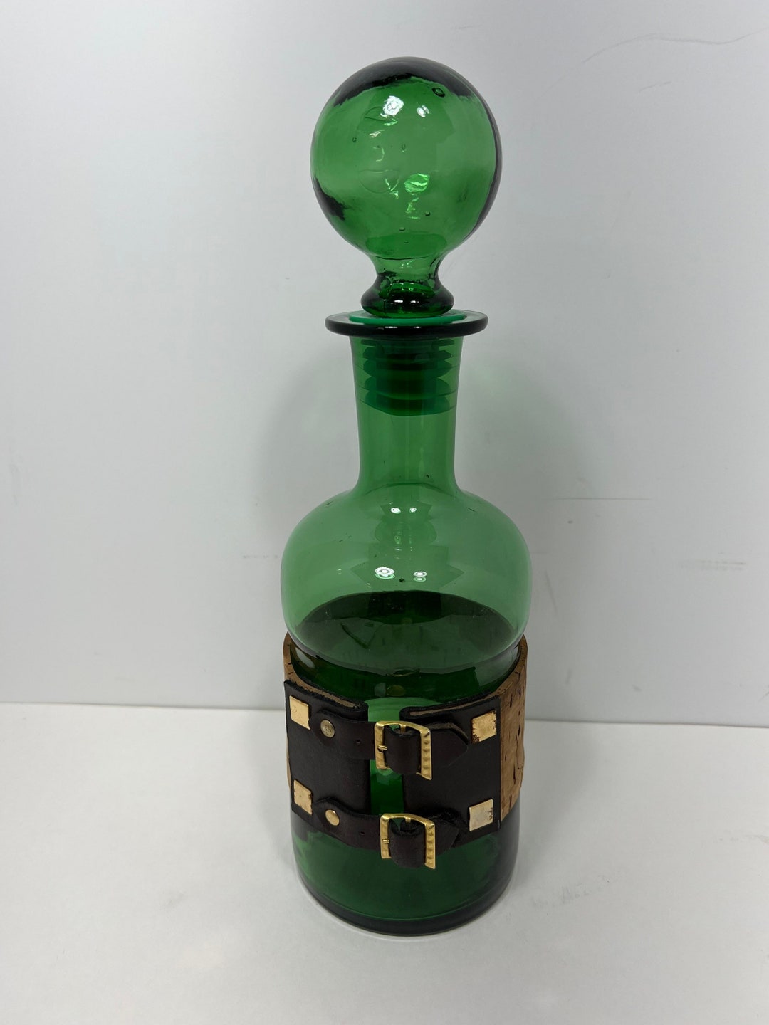 Vintage Green Glass Decanter With Ball Stopper and Leather and Cork