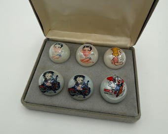Vintage mixed lot of cartoon character glass marbles Betty Boop, Bozo Clown and Henrietta