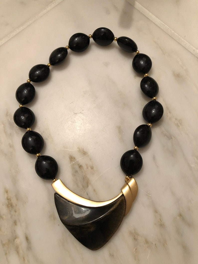 Vintage kunio matsumoto for trifari modernist black and gold necklace image 1