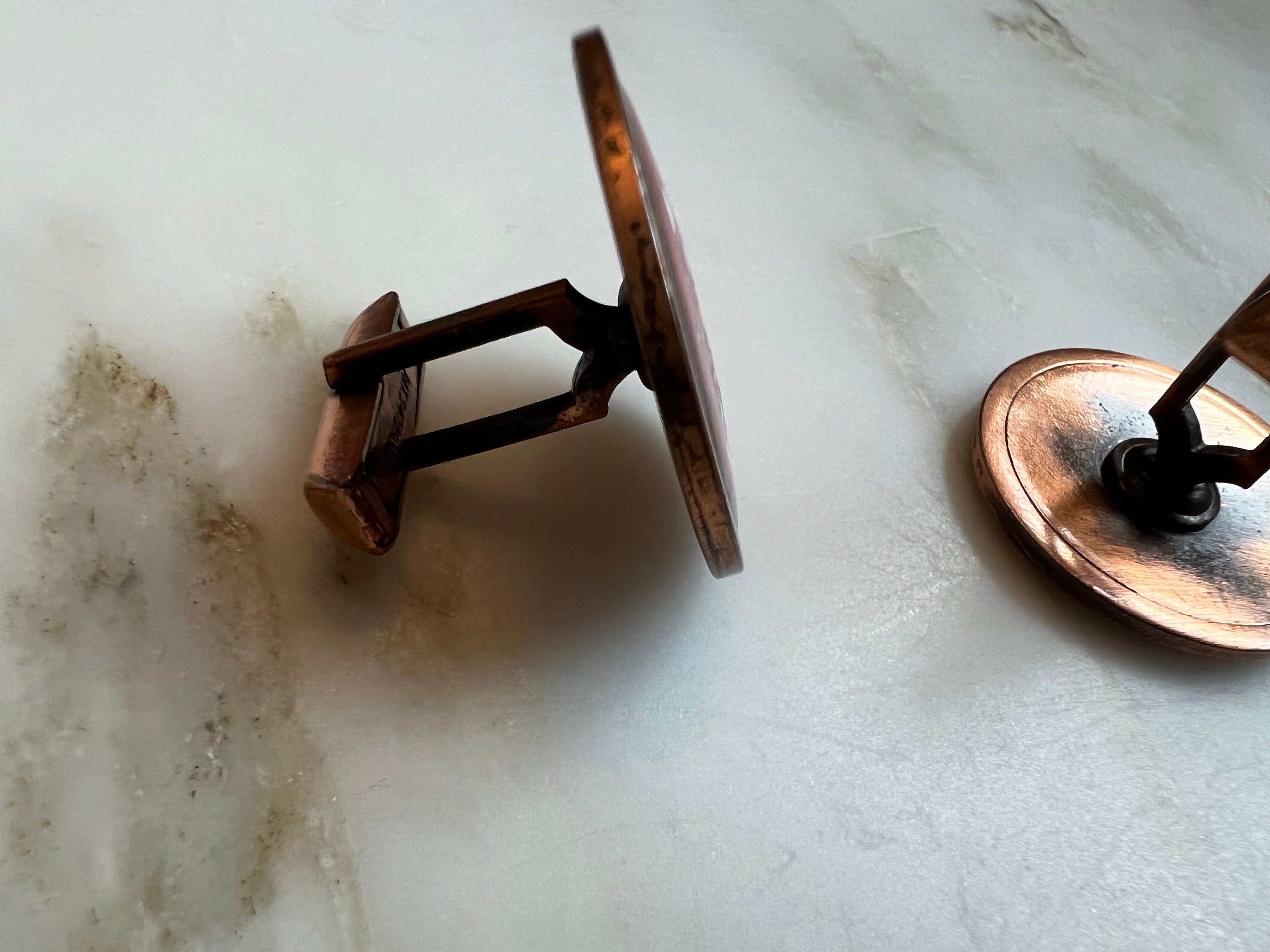 Boutons De Manchette Vintage En Cuivre Et émail - Style Milieu Du Siècle Pour Homme