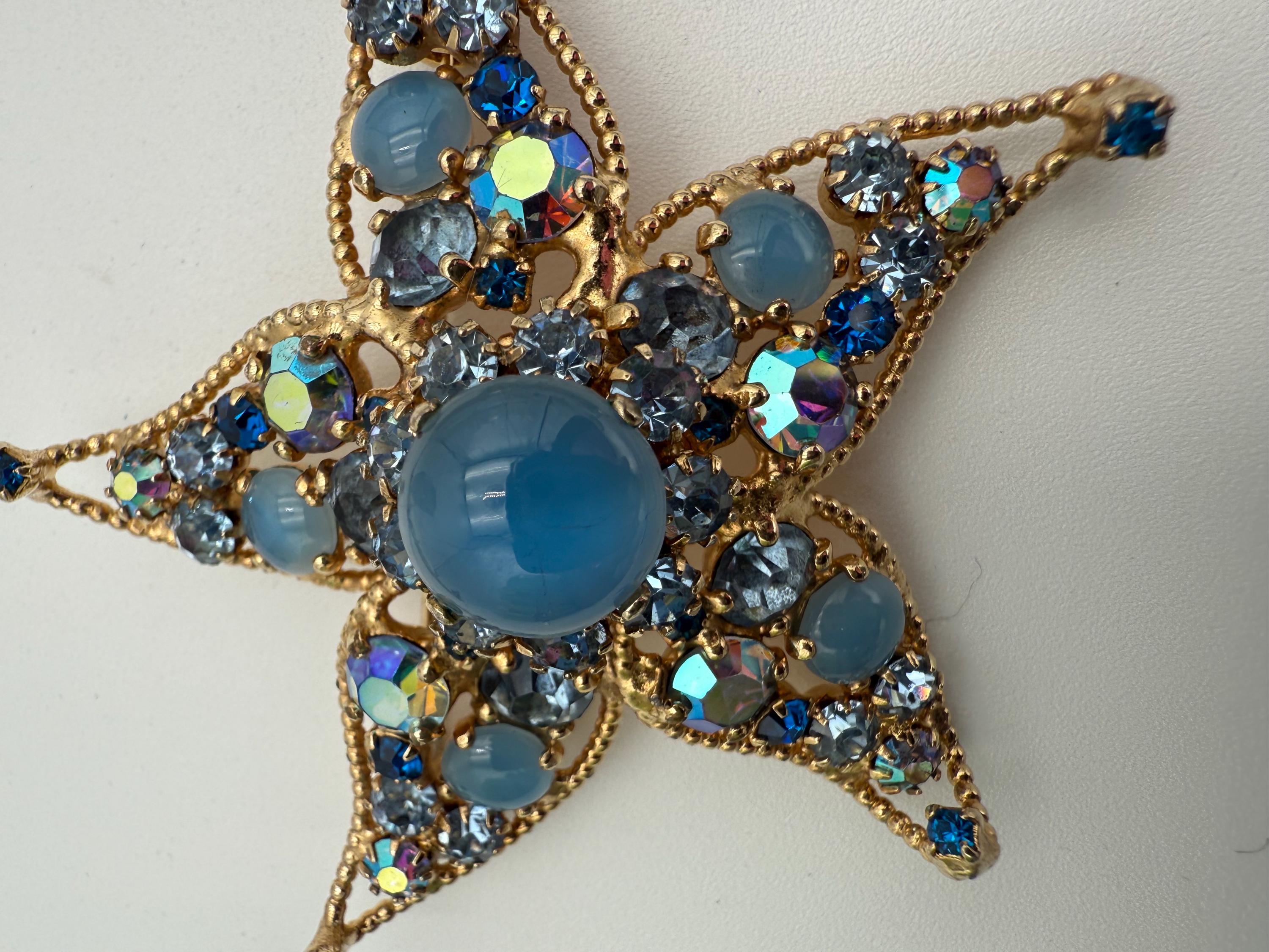 Broche Art Déco Vintage Années 50 - Forme étoile De Mer Avec Strass Bleus, Métal Argenté