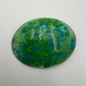 Vintage signed Inga green enamel copper brooch