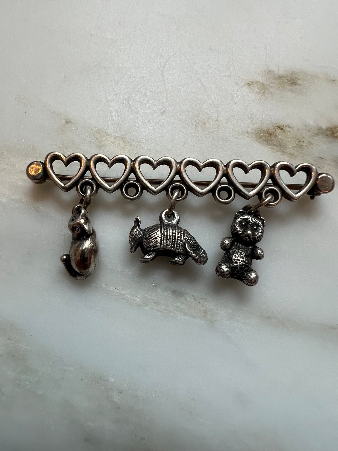 Vintage James Avery Sterling Silver Hearts Charm Brooch With Cat
