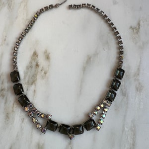 Vintage smoky gray cabochons aurora borealis rhinestone necklace