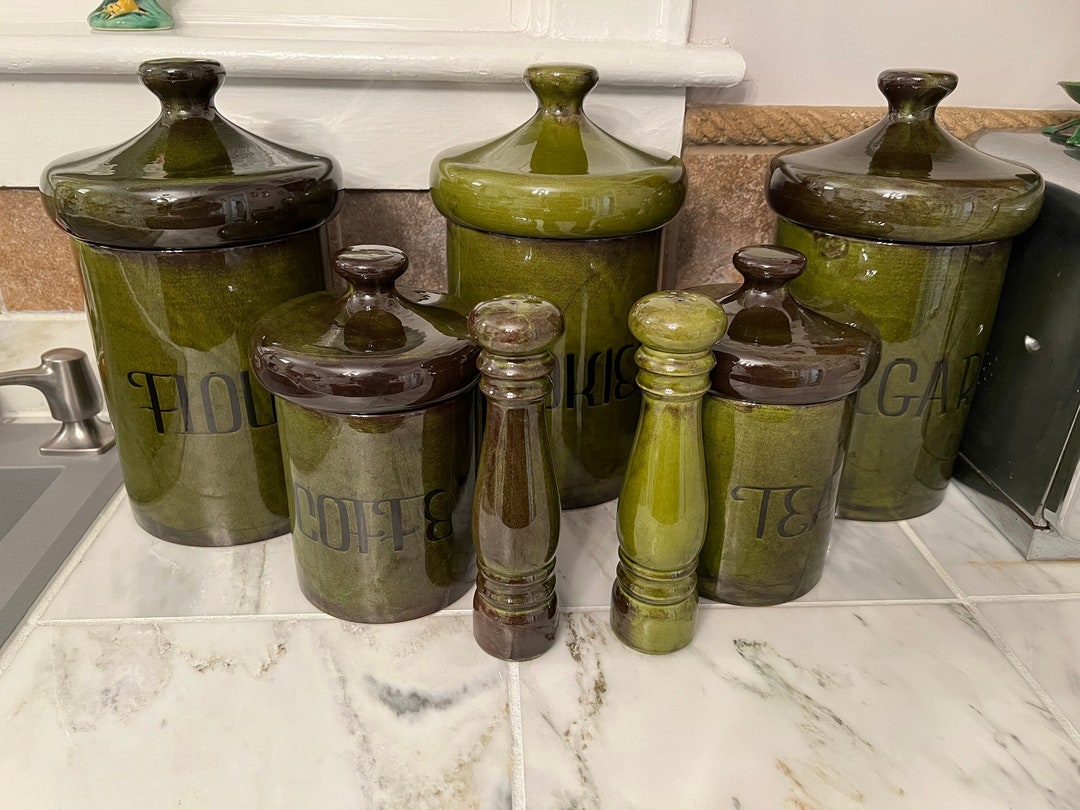 Vintage Mid Century Green Ceramic Canister Set With Salt and Pepper