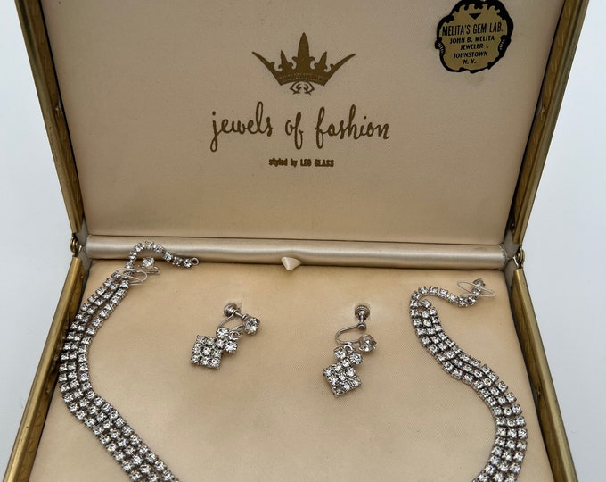 Vintage Jewels of Fashion by Leo Glass rhinestone necklace and earrings in original boxVintage
