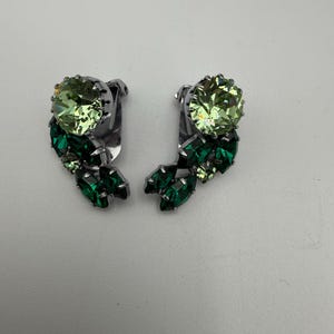 May include: A pair of clip-on earrings featuring a large, light green, round gemstone at the top, with a cluster of smaller, dark green, leaf-shaped stones below. The earrings have a silver-colored metal clip.