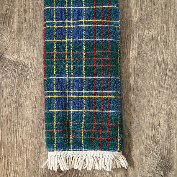 Vintage multi colored kind of tartan plaid Glencoe Clantex made in Scotland oversized hand towel with white fringe.
