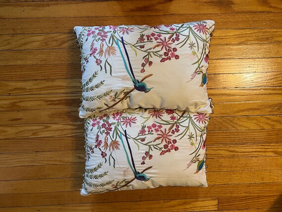 Pier One Silky off Whit Embroidered Throw Pillows With Birds and Flowers With Gold Embellishments on Sides in Very Good Condition. 17X12 Etsy