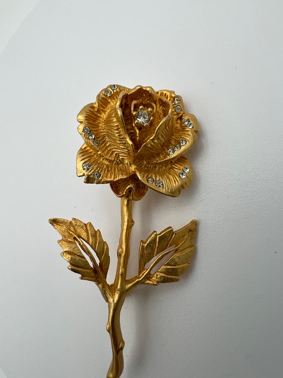 Vintage Goldette gold tone rose rhinestone brooch