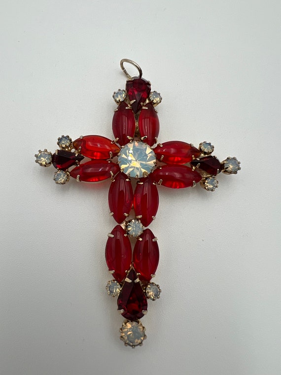 Vintage Juliana red navette cabochon cross pendant