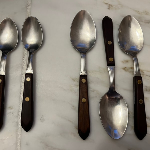 Mid century stainless wood handle tablespoons and teaspoons