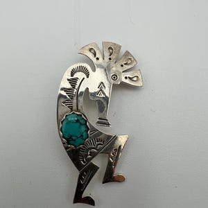 Vintage Navajo NA sterling silver and turquoise kokopelli brooch pendant  signed RS