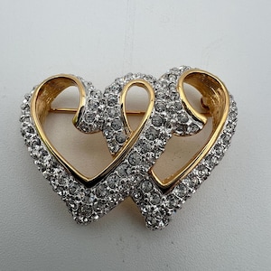 Signed Swarovski swan interlocked rhinestibe hearts brooch