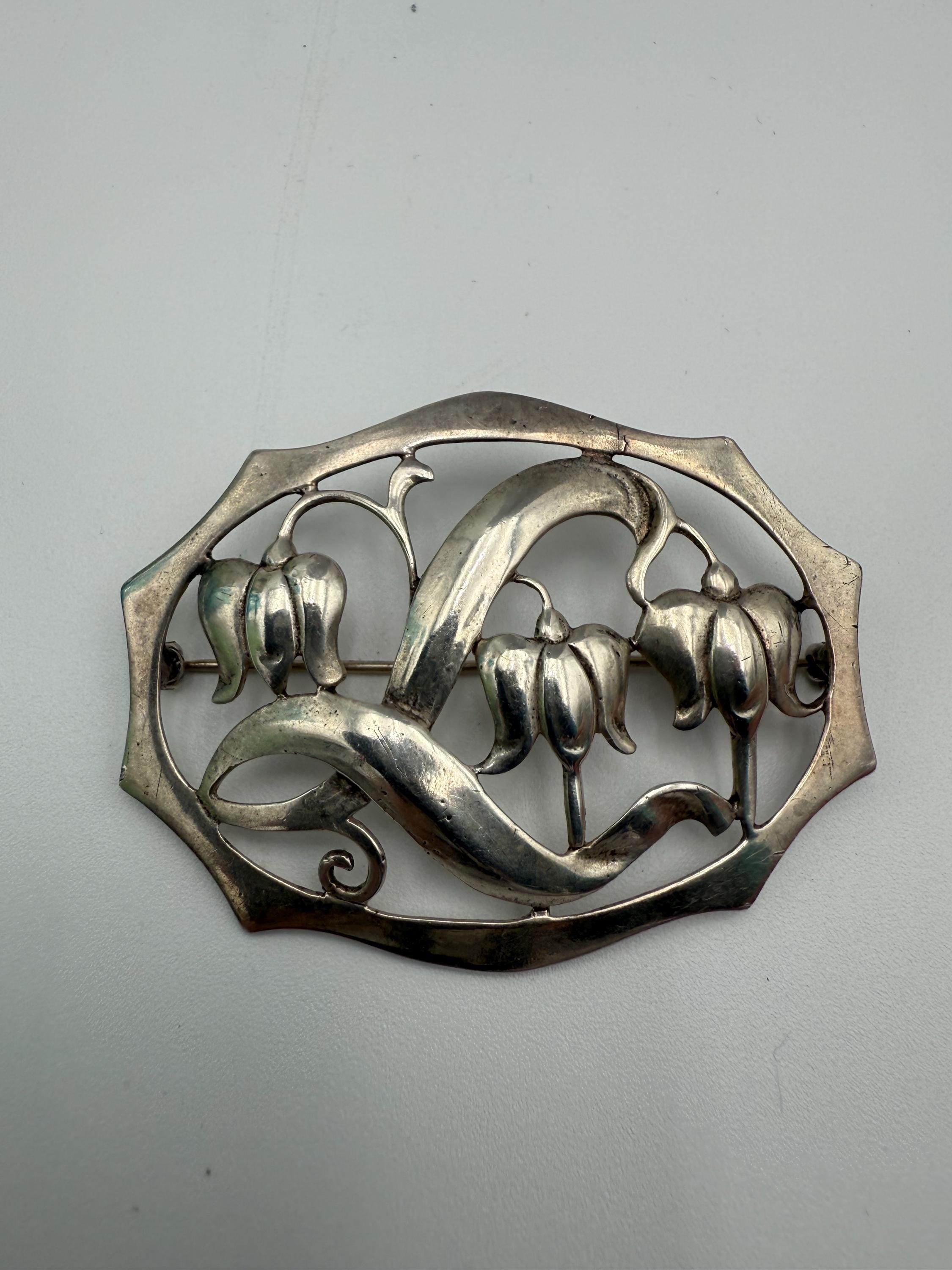 Broche Vintage Muguet émaillé Guilloché Argent - Norvège - Pierre Améthyste - Bijou Ancien