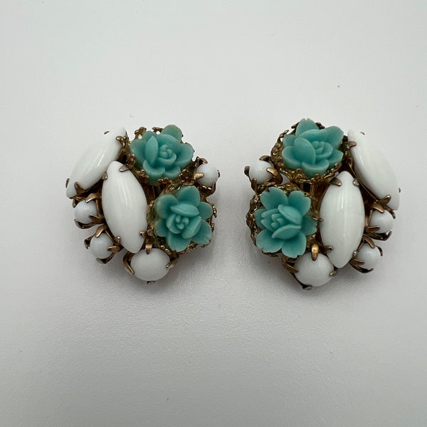 Vintage white milk glass stone with carved turquoise blue flowers earrings