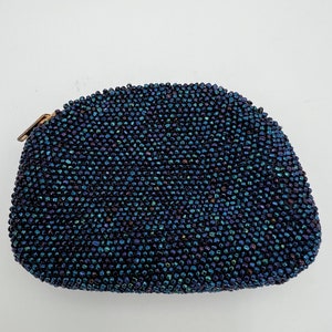 Vintage iridescent blue microbeaded coin purse with zipper and blue vinyl lining