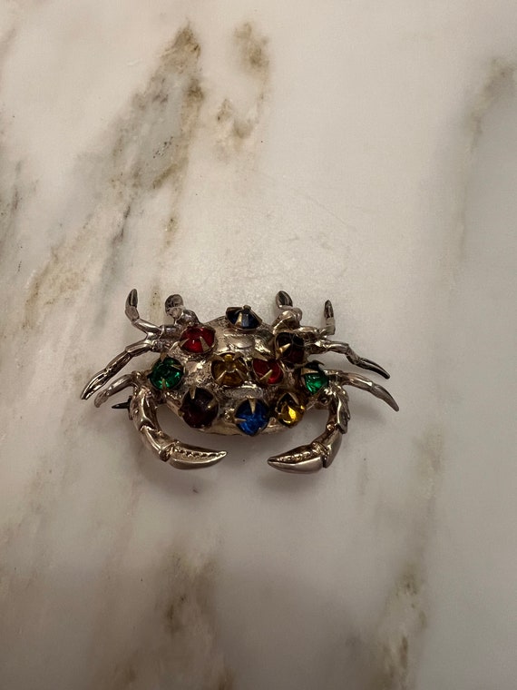 Vintage sterling silver rhinestone crab brooch - image 3