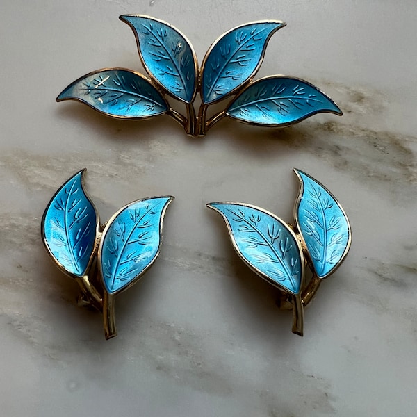 Vintage David Andersen Norway gilt sterling blue guilloche enamel leaves brooch and earrings set