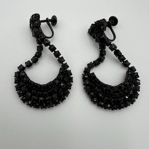 Vintage Coro japanned black rhinestone dangle screwback earrings