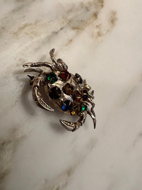 Vintage sterling silver rhinestone crab brooch - image 1