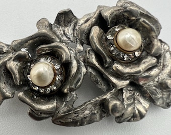 Vintage Irving NY Silverman Faux Pearl Rhinestone Flowers Jabot