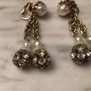 Vintage castlecliff rhinestone and pearl drop dangle earrings image 2