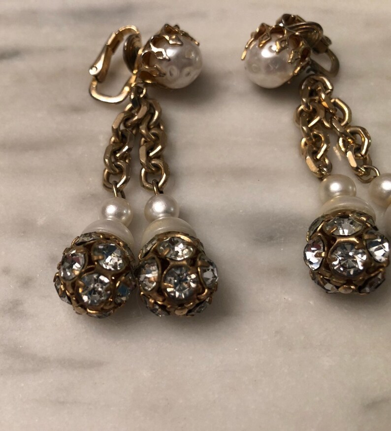 Vintage castlecliff rhinestone and pearl drop dangle earrings image 2