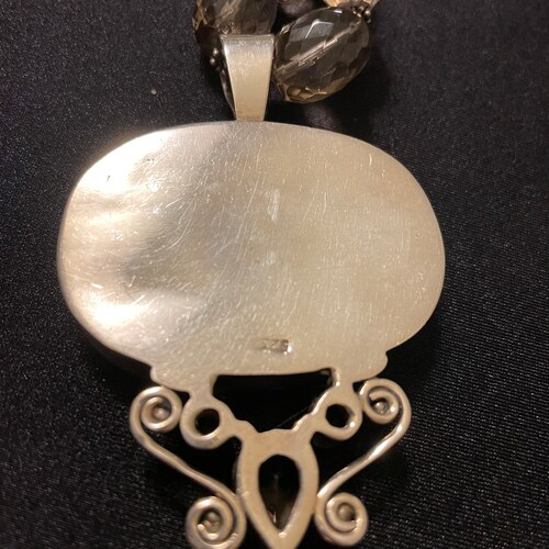 Sterling silver shops and natural mother of pearl shell pendant with faceted smoky crystal beaded necklace