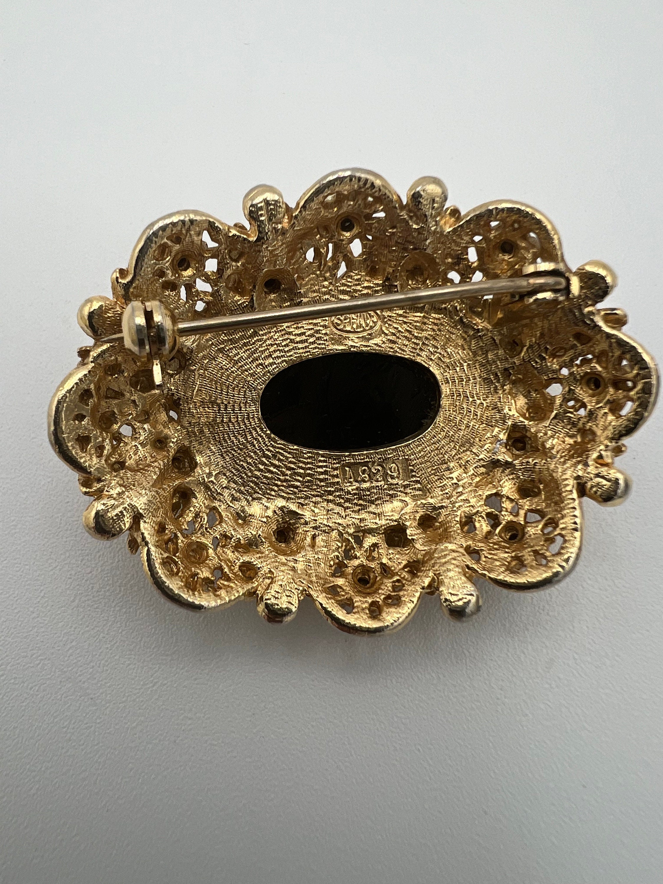 Vintage Sphinx A829 Victorian Revival Gold Tone Black Rhinestone