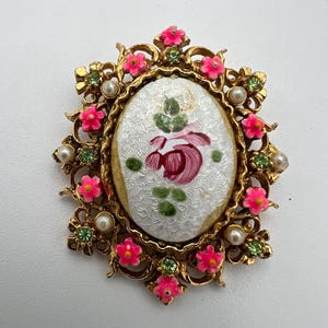 Vintage signed ART Arthur Pepper enamel guilloche flowers faux pearls brooch