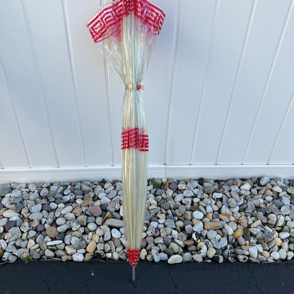 Vintage 1960s clear and red decorated dome umbrella, made in Taiwan, in good working condition.