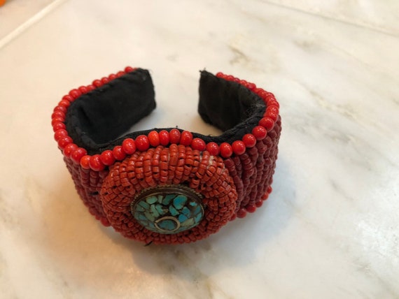 Vintage handmade red beaded cuff bracelet with si… - image 3