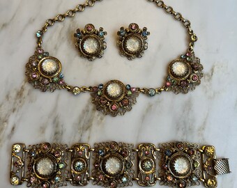 Vintage Gorgeous Selro Parure pastel rhinestone filigree gold tone bracelet necklace and earrings
