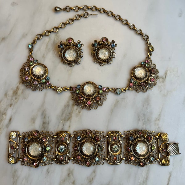 Vintage Gorgeous Selro Parure pastel rhinestone filigree gold tone bracelet necklace and earrings