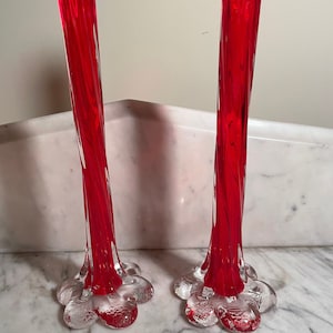 Vintage pair murano elephant foot red and clear bud vases