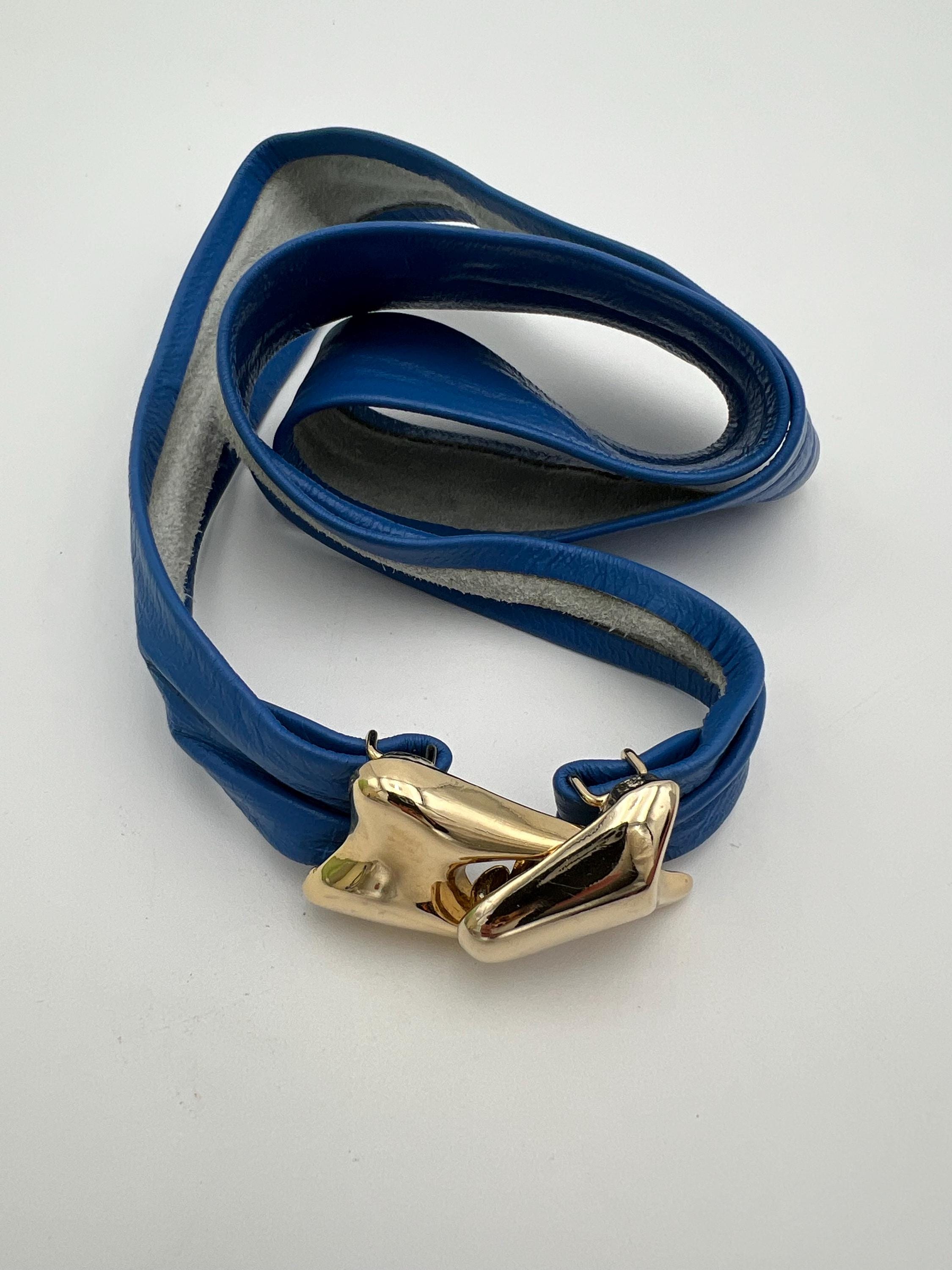 Vintage Blue Leather and Gold Buckle Belt 33 Inchesvintage 