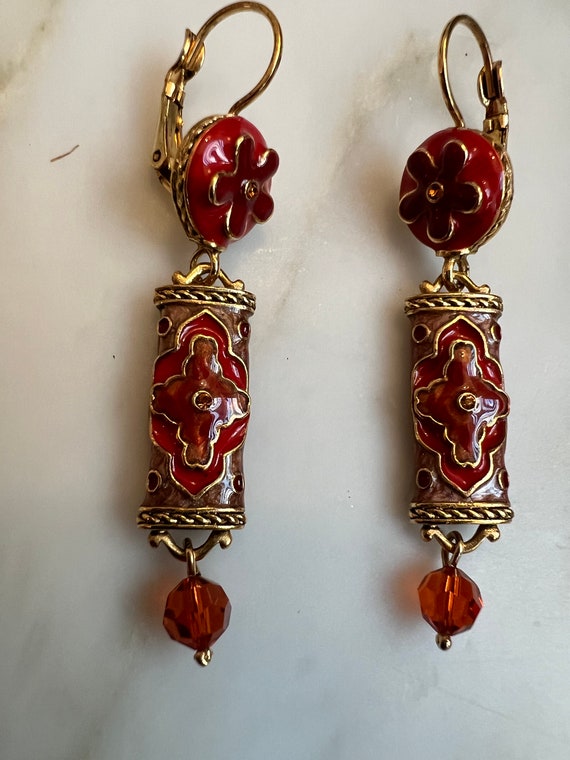 Vintage Joan Rivers red enamel Asian style dangle… - image 4