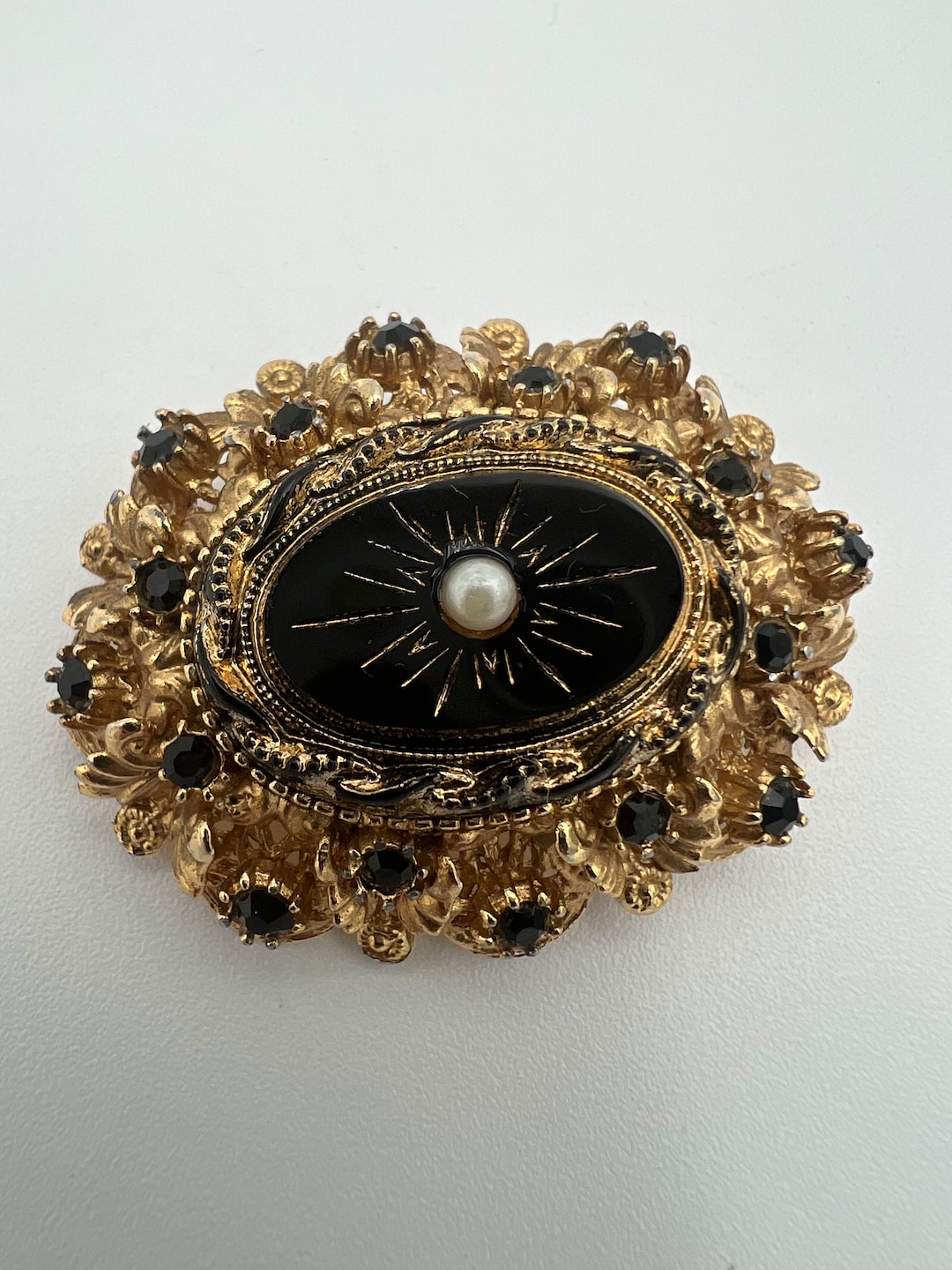 Vintage Sphinx A829 Victorian Revival Gold Tone Black Rhinestone