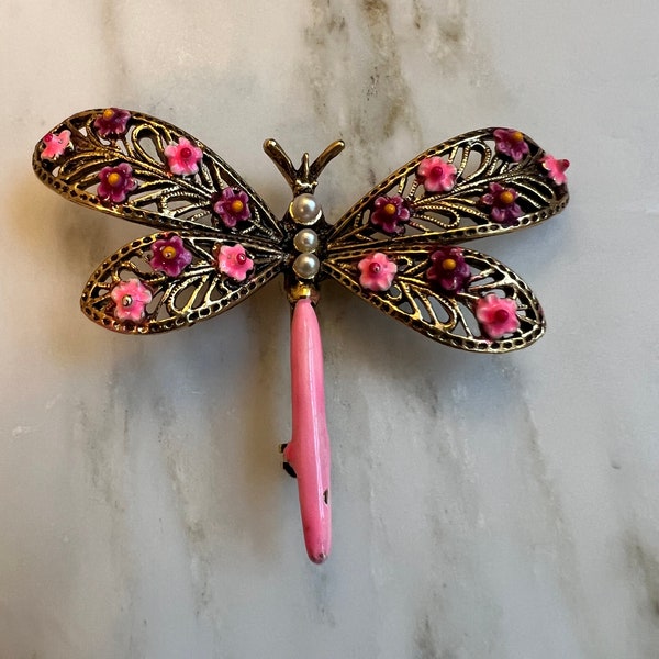 vintage ART signed pink enamel dragonfly brooch