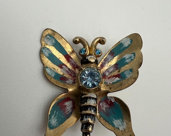 Vintage painted enamel butterfly brooch with rhinestoneVintage