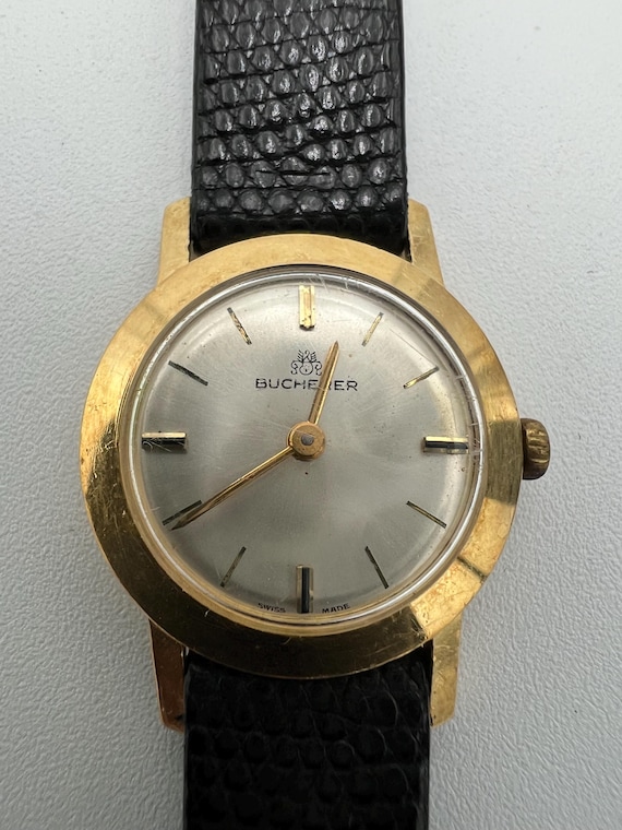 Vintage women s Bucherer 18k gold mechanical watch with black lizard band