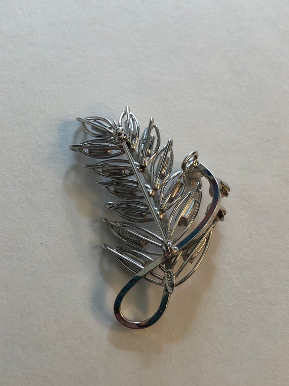 Vintage sterling silver rhinestone leaf brooch wi… - image 3