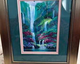 Vintage Rebecca Lowell Maui Lithograph, Signed, Framed Waterfall