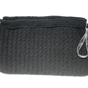 Vintage 1940s black cord crochet knit purse clutch with lucite handle