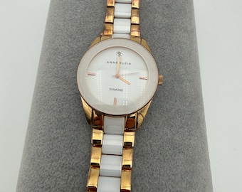 Vintage Anne Klein Diamond Accent dial rosetone white ceramic watch