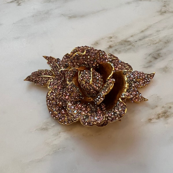 Vintage jose and maria barrera pink rhinestone rose shaped gold tone brooch